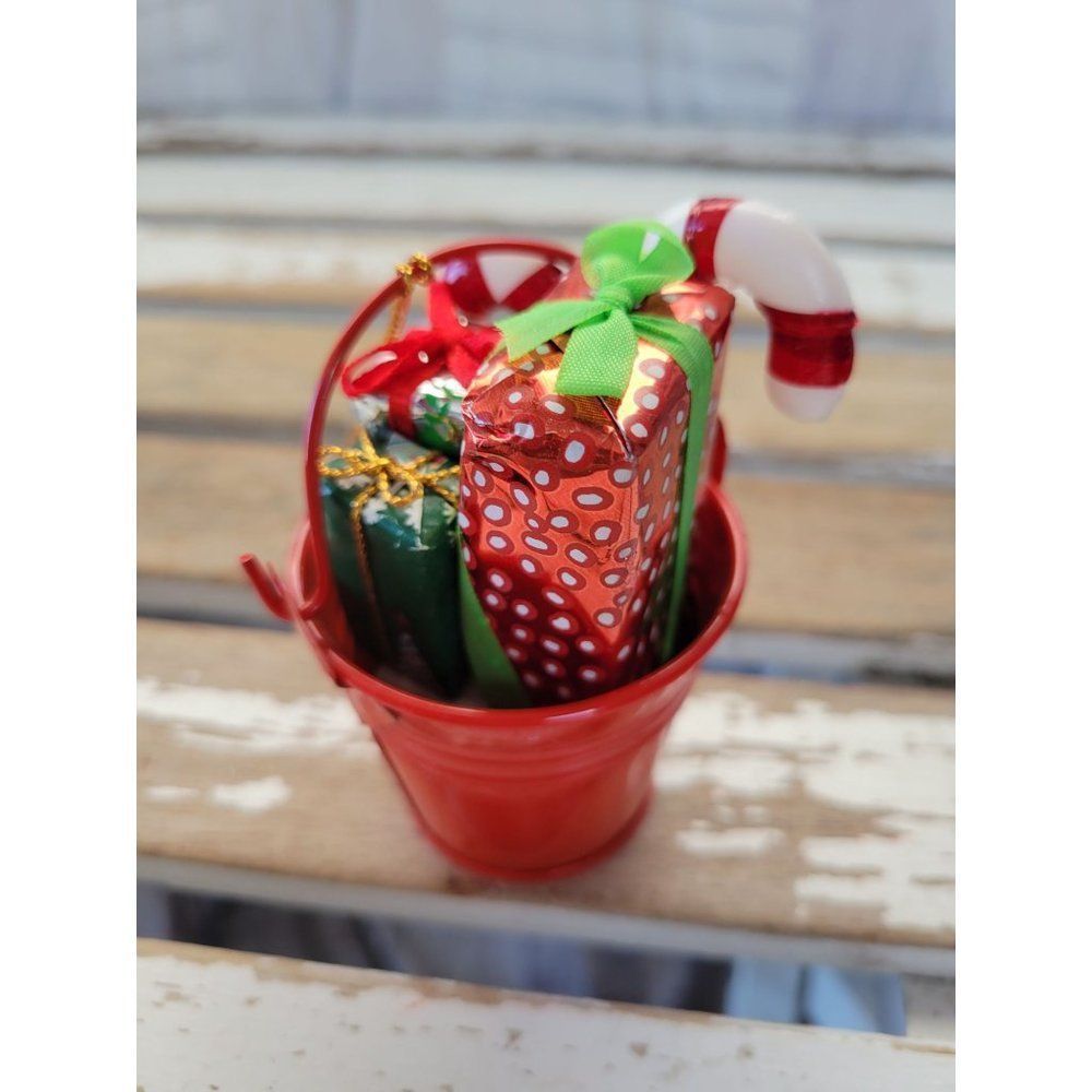 Bucket pale red presents candy cane homemade ornament Xmas tree‎